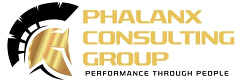 Phalanx Consulting Group logo featuring a gold Spartan helmet and tagline Performance Through People